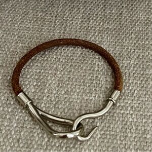 ⭐️COA⭐️HERMÈS JUMBO HOOK BRACELET⭐️Silvertone & Leather Cord Bracelet Authentic